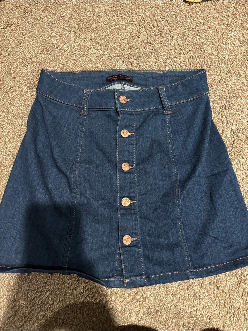 Dark Blue Denim Button-Front A-Line Skirt